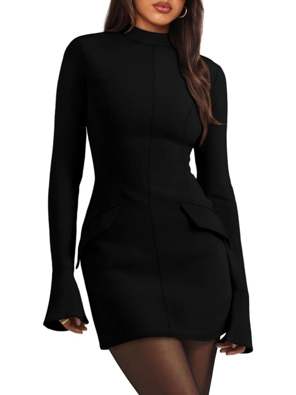 Chic Women's Fall Long Sleeve Mock Neck Bodycon Mini Dress for Party & Club